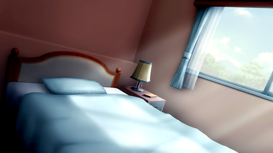 寝室の窓際のベッド（日中・青）