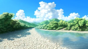 夏の河原の背景イラストのフリー素材
